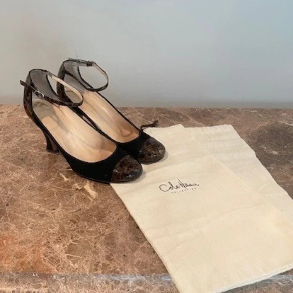 Cole Haan Collection Black Suede Ankle Strap with Tortoise Heels – Sz 6.5